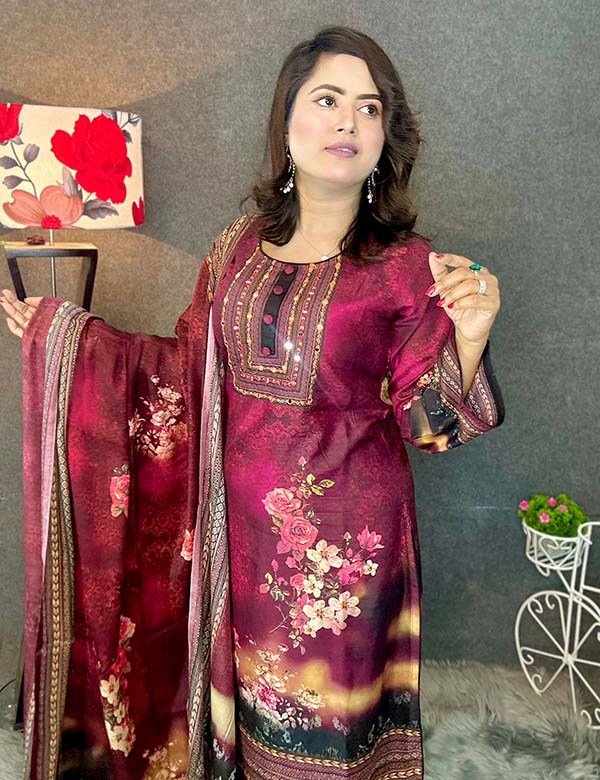 Digital Printed Premium Silk Cotton Salwar Kameez (03 Pcs) with Hand works for women Trendy dress up