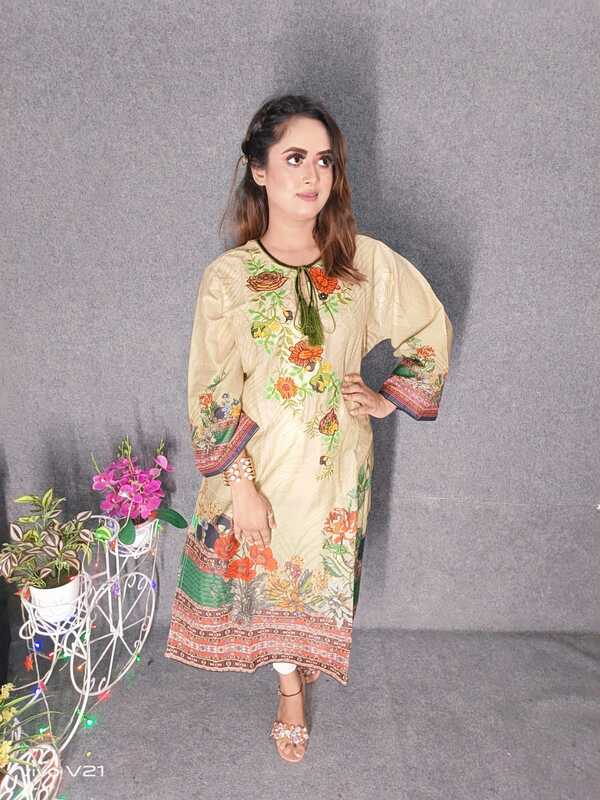 Embroideried Cotton Kurti Kameez Hot and Latest New Design with Digital Print  Hand works for women for casual Trendy dress up-6216AB