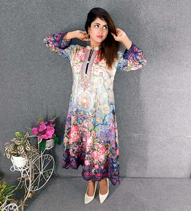 Digital Printed Cotton  Kameez with Hand works for women in casual Trendy dress up-6284AB