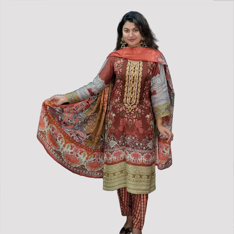 Women Premium Moslin Cotton Salwar Kameez Orna Pant Set 6550