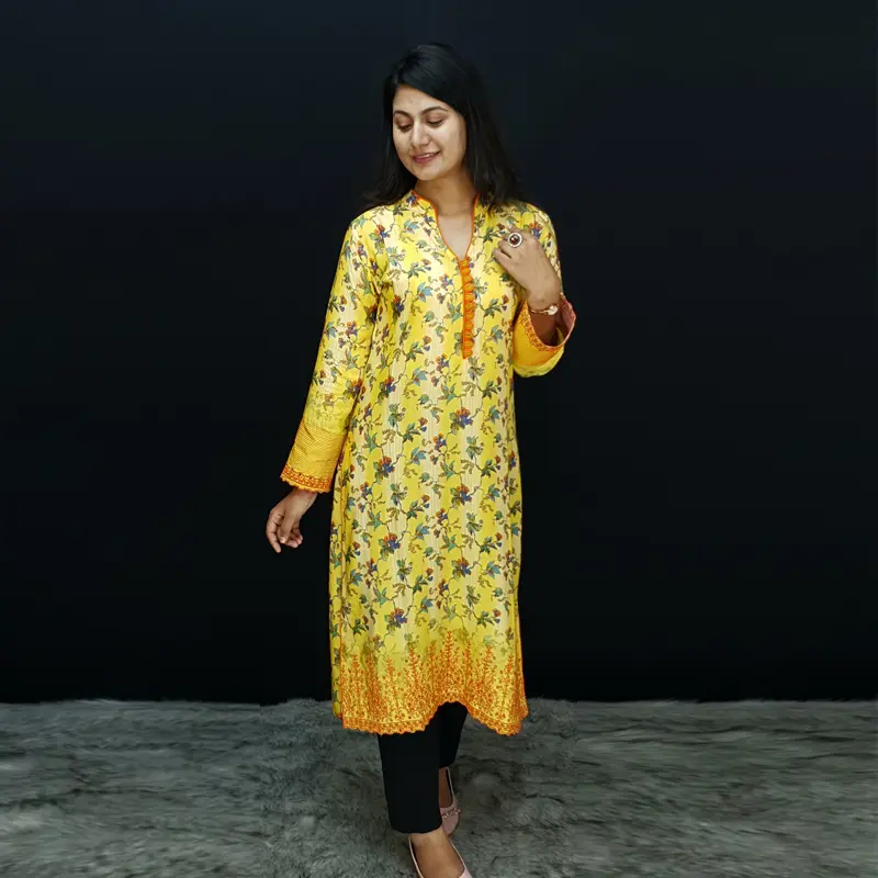 Feeling as bright and cheerful with this enchanting yellow ethnic kameez Kurtis 6473