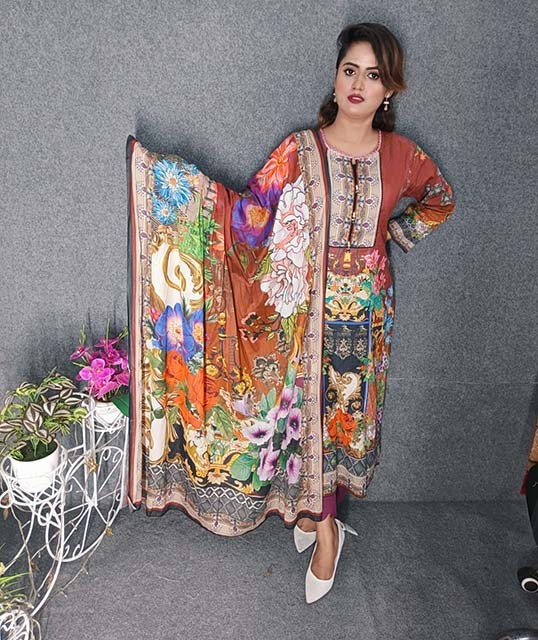 Digital Printed Premium Cotton Kurtis & Dupatta (02 Pcs) with Hand works for women in casual Trendy dress up-6161AB