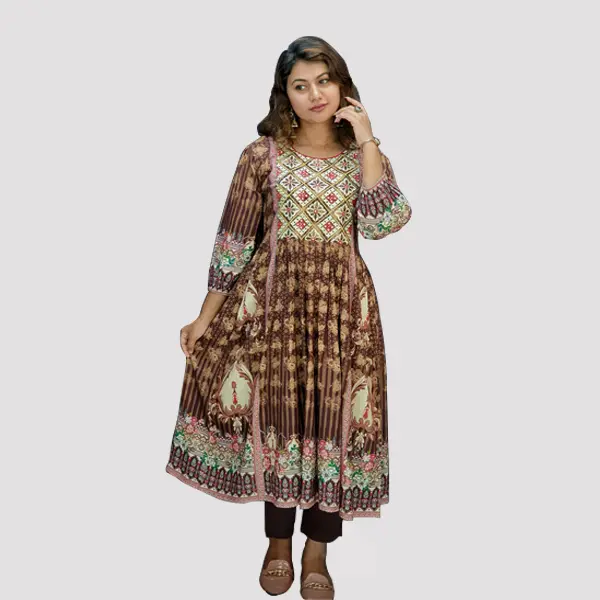 Cream Coffee-colored Embroidery Traditional Kurtis