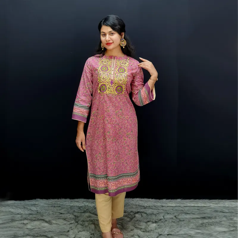 Elevate your style with Cotton Embroidered Onion Pink Kurtis dress 6481