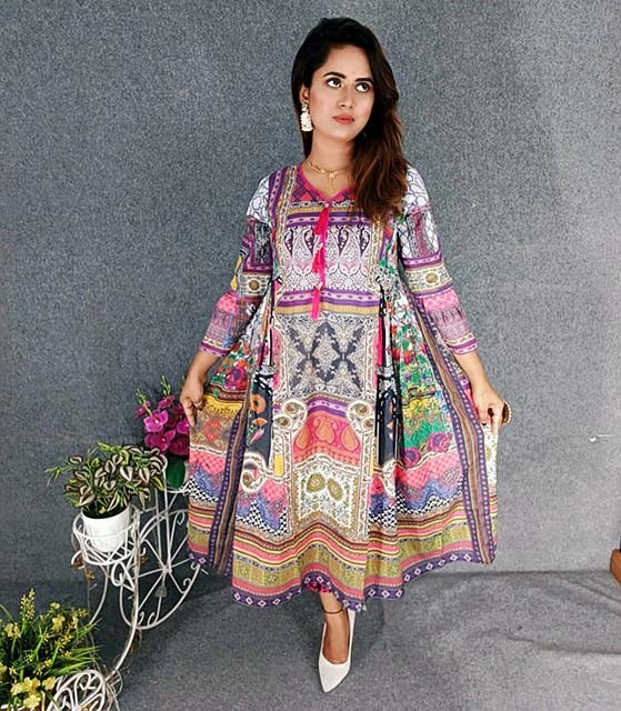 Digital Printed Cotton Kurtis with Hand works for women in casual Trendy dress up 6134AB