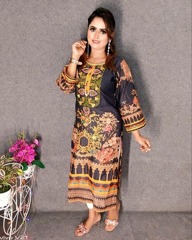Embroideried Cotton Kurti Kameez Hot and Latest New Design with Digital Print  Hand works for women for casual Trendy dress up-6231AB