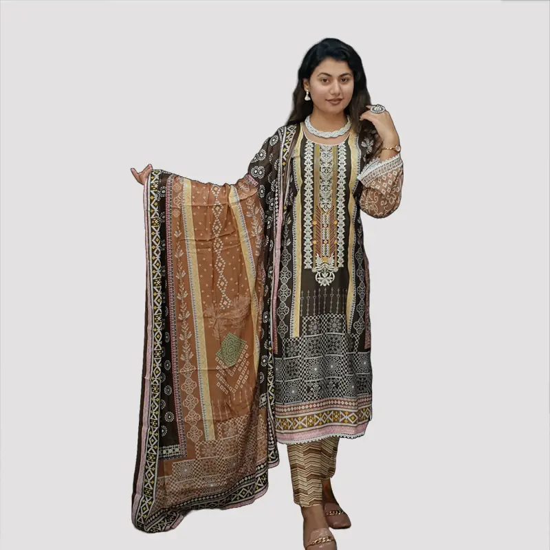 Women Premium Moslin Cotton Salwar Kameez Orna Pant Set 6532