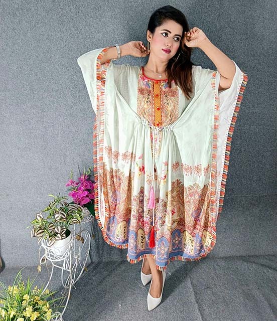 Digital Printed Cotton Kaftan with Hand works for women in casual Trendy dress up-6244AB