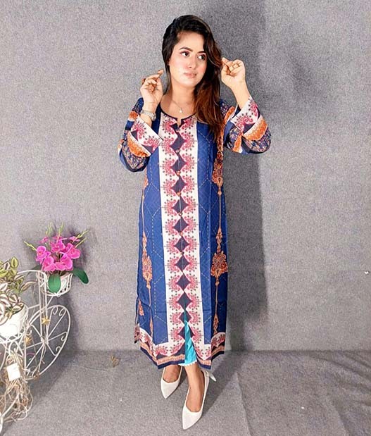 Digital Printed Premium Silk mixed Cotton Kurtis with Hand works for women in casual Trendy dress up-6148AB