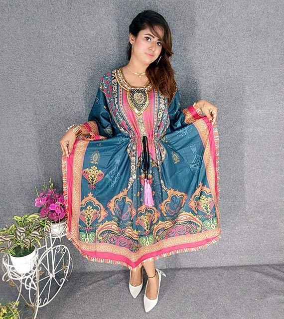 Digital Printed yoke Added Cotton Kaftan with Hand works for women in casual Trendy dress up-6253AB