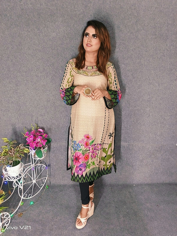 Hot and Latest Embroideried Cotton Kurti Kamiz with Digital Print  Hand works for women for casual Trendy dress up-6225AB