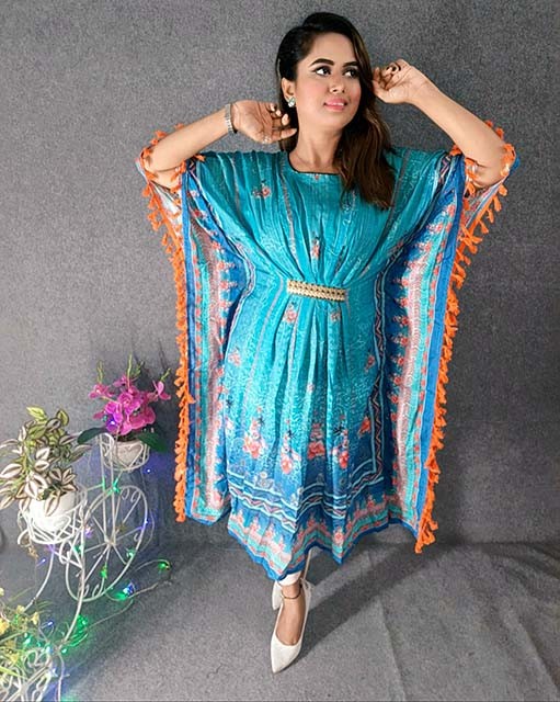 Digital Printed Cotton Kaftan with Hand works for women in casual Trendy dress up-6246AB