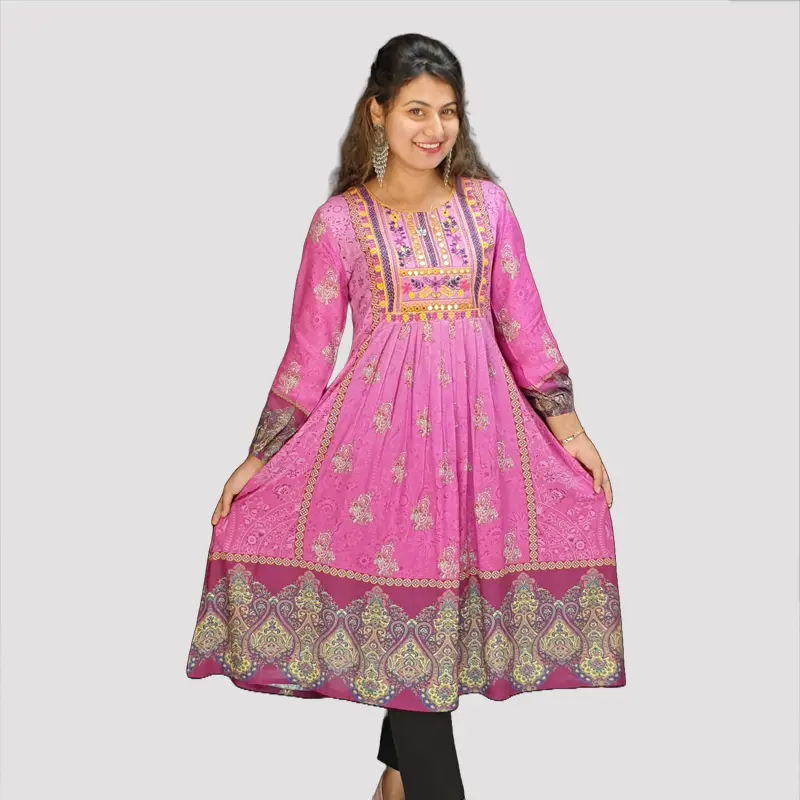 Embracing the charm of purplish pink with this trendy ethnic dress
