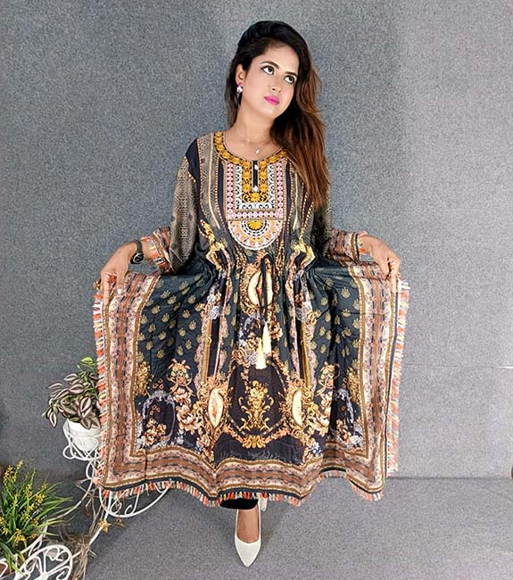 Digital Printed Cotton Kaftan with Hand works for women in casual Trendy dress up-6274AB
