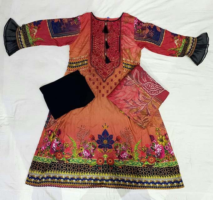 Digital Printed  Cotton Salwar Kameez (03 Pcs) with Hand works for women in casual Trendy dress up-6234AB