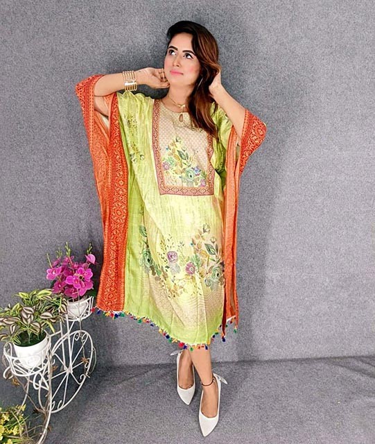 Digital Printed yoke Added Cotton Kaftan with Hand works for women in casual Trendy dress up-6254AB