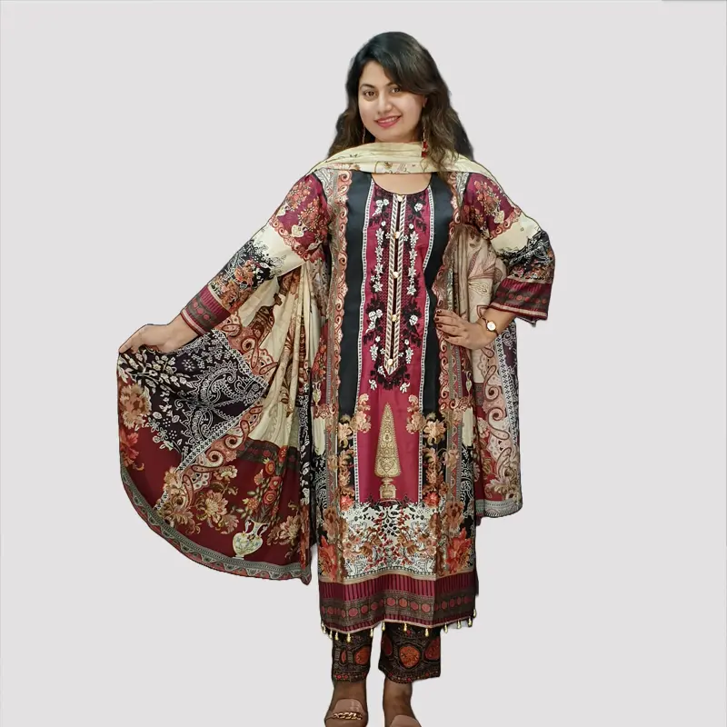 Women Premium Moslin Cotton Salwar Kameez Orna Pant Set 6544