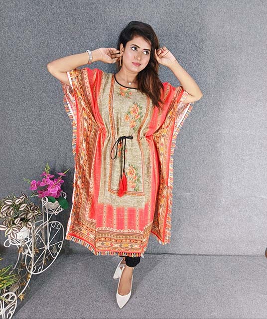 Digital Printed Cotton Kaftan with Hand works for women in casual Trendy dress up-6276AB