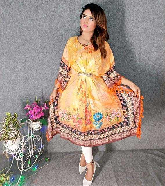 Digital Printed Cotton Kaftan with Hand works for women in casual Trendy dress up-6247AB